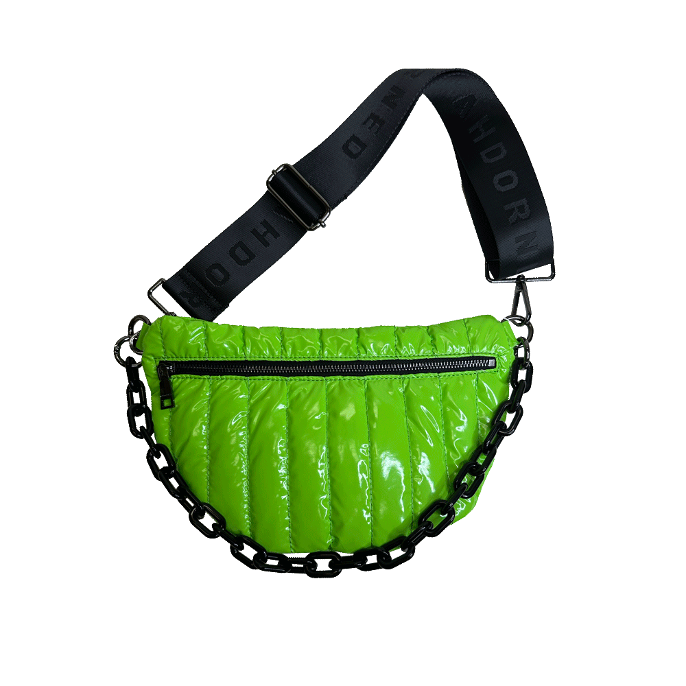 Reese Green Liquid Nylon Quilted Sling/Bum Bag with Resin Chain and 2" Strap