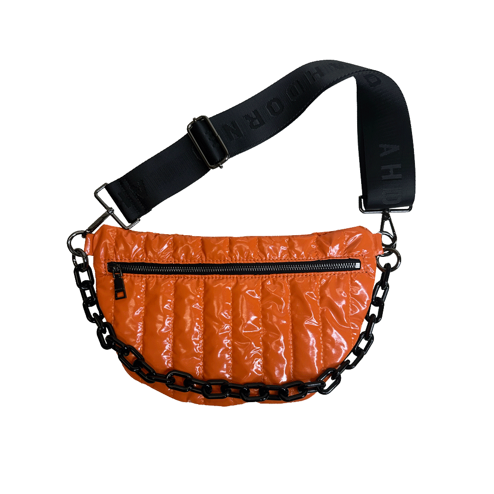 Reese Orange Liquid Nylon Quilted Sling/Bum Bag with Resin Chain and 2" Strap