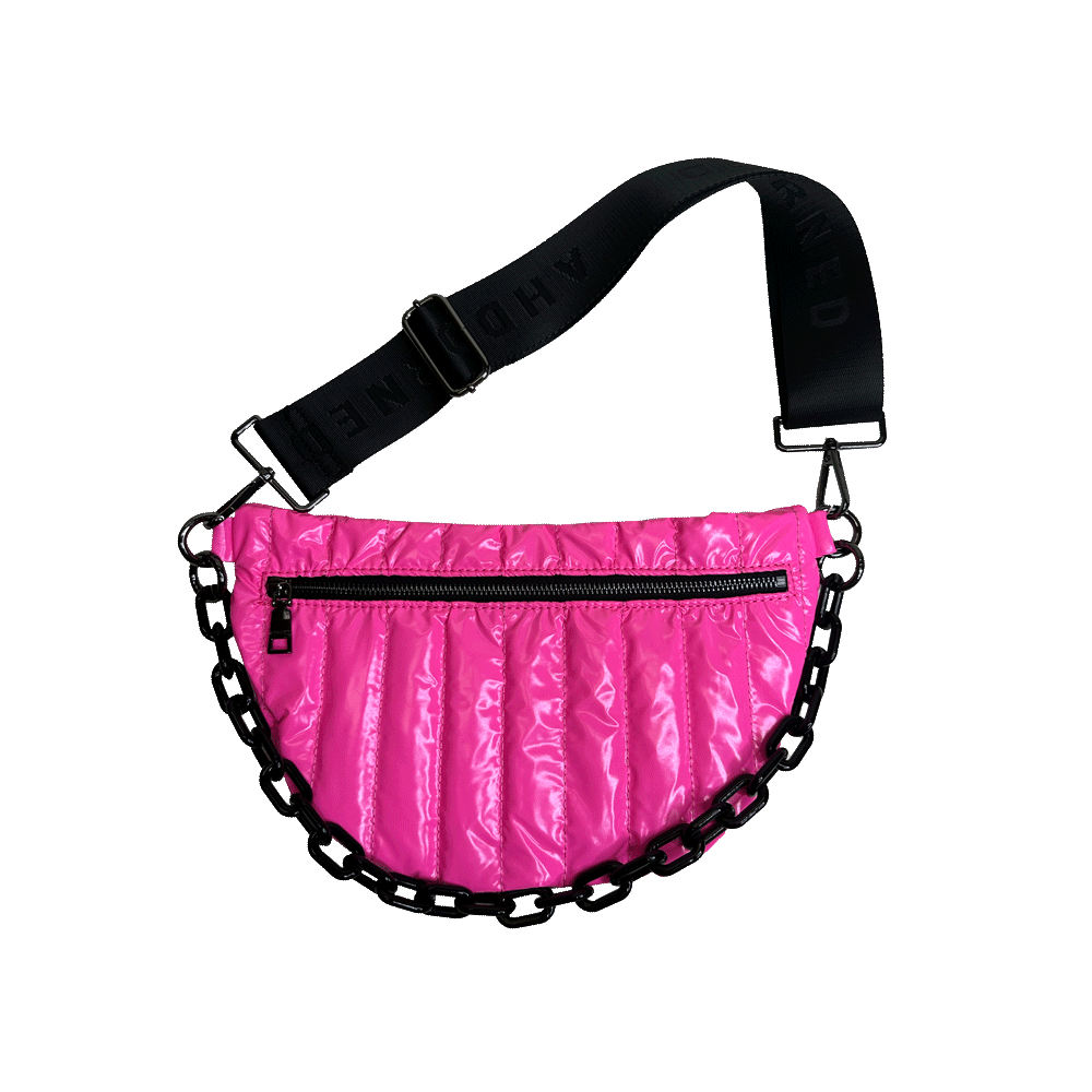 Reese Pink Liquid Nylon Quilted Sling/Bum Bag with Resin Chain and 2" Strap