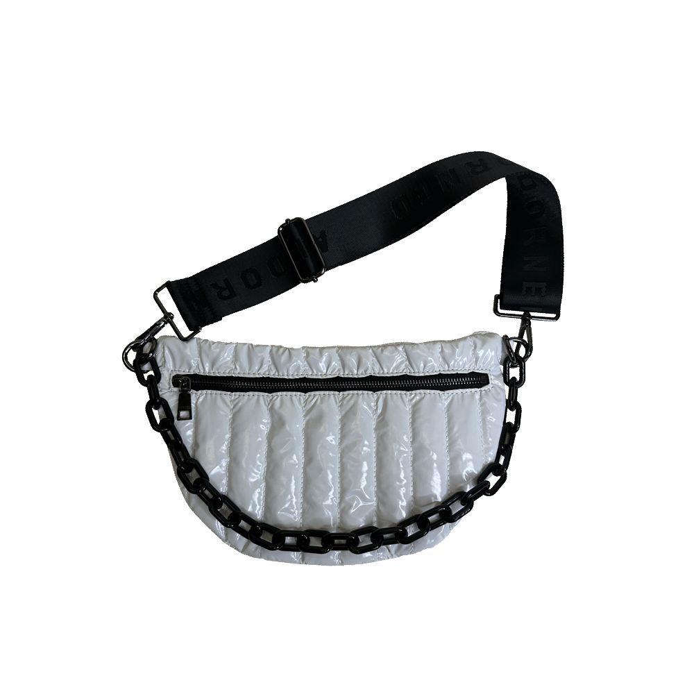 Reese White Liquid Nylon Quilted Sling/Bum Bag with Resin Chain and 2" Strap