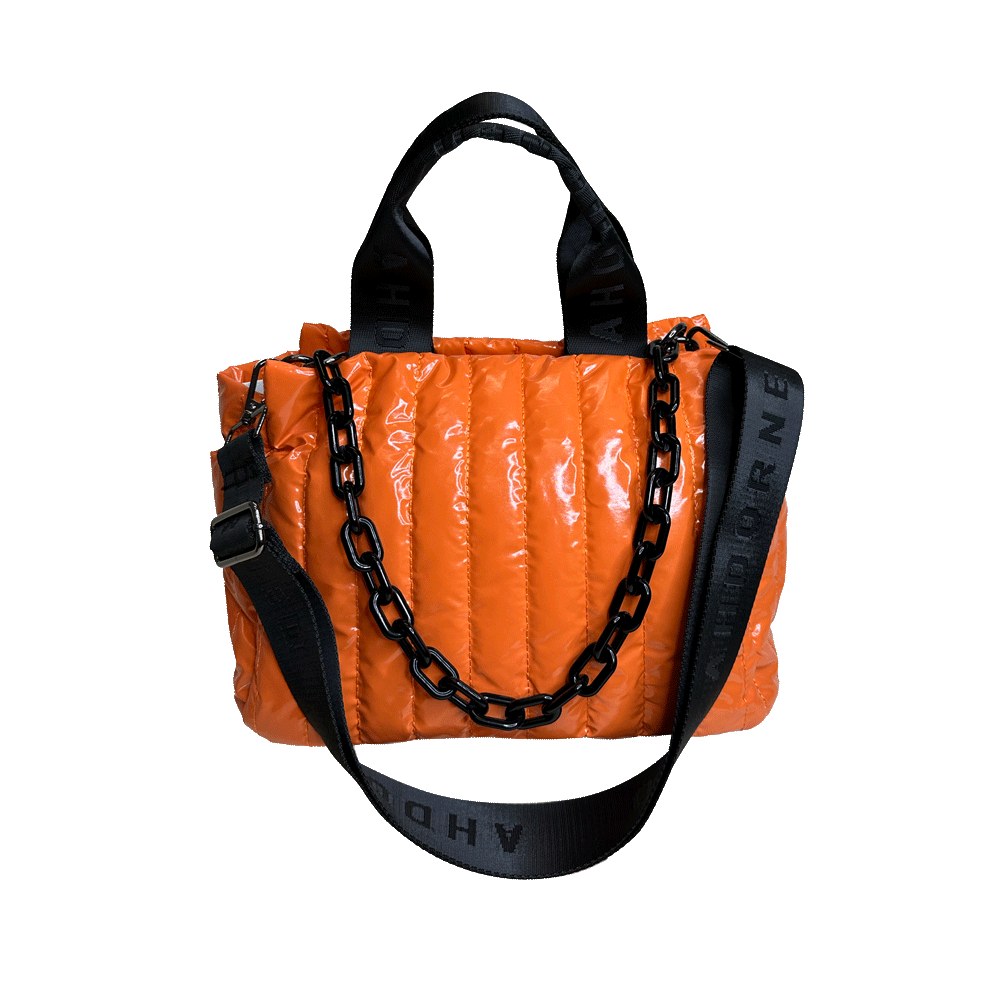 Rosie Orange Liquid Nylon Quilted Tote with Resin Chain and 2" Strap
