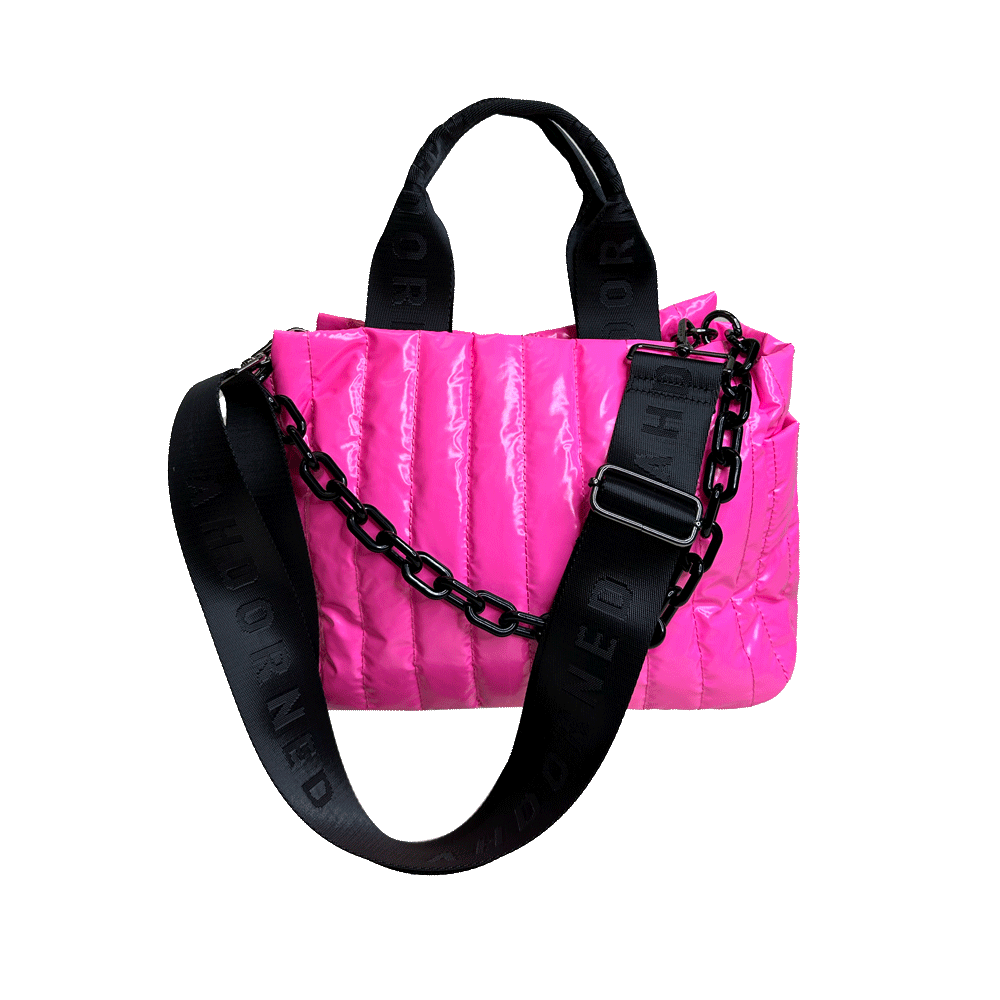 Rosie Pink Liquid Nylon Quilted Tote with Resin Chain and 2" Strap