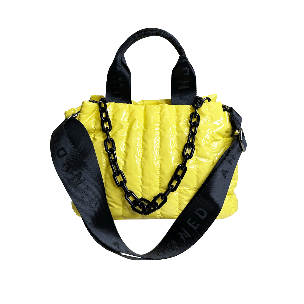 Rosie Yellow Liquid Nylon Quilted Tote with Resin Chain and 2" Strap