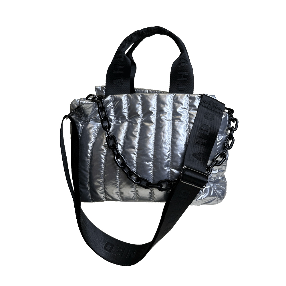 Rosie Silver Liquid Nylon Quilted Tote with Resin Chain and 2" Strap