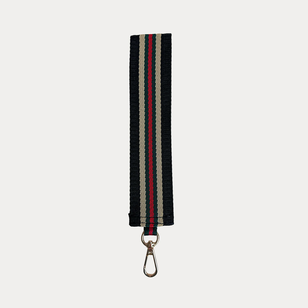 Black, Tan, Red, and Green Striped Wristlet Strap. 