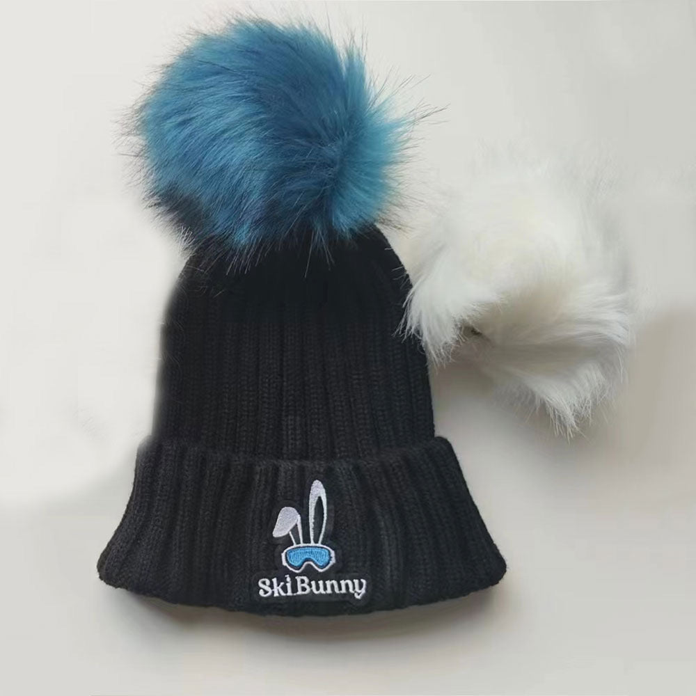 Ski Bunny Black Acrylic Hat w/2-Pom Poms | Women's Winter Hat Black/Blue