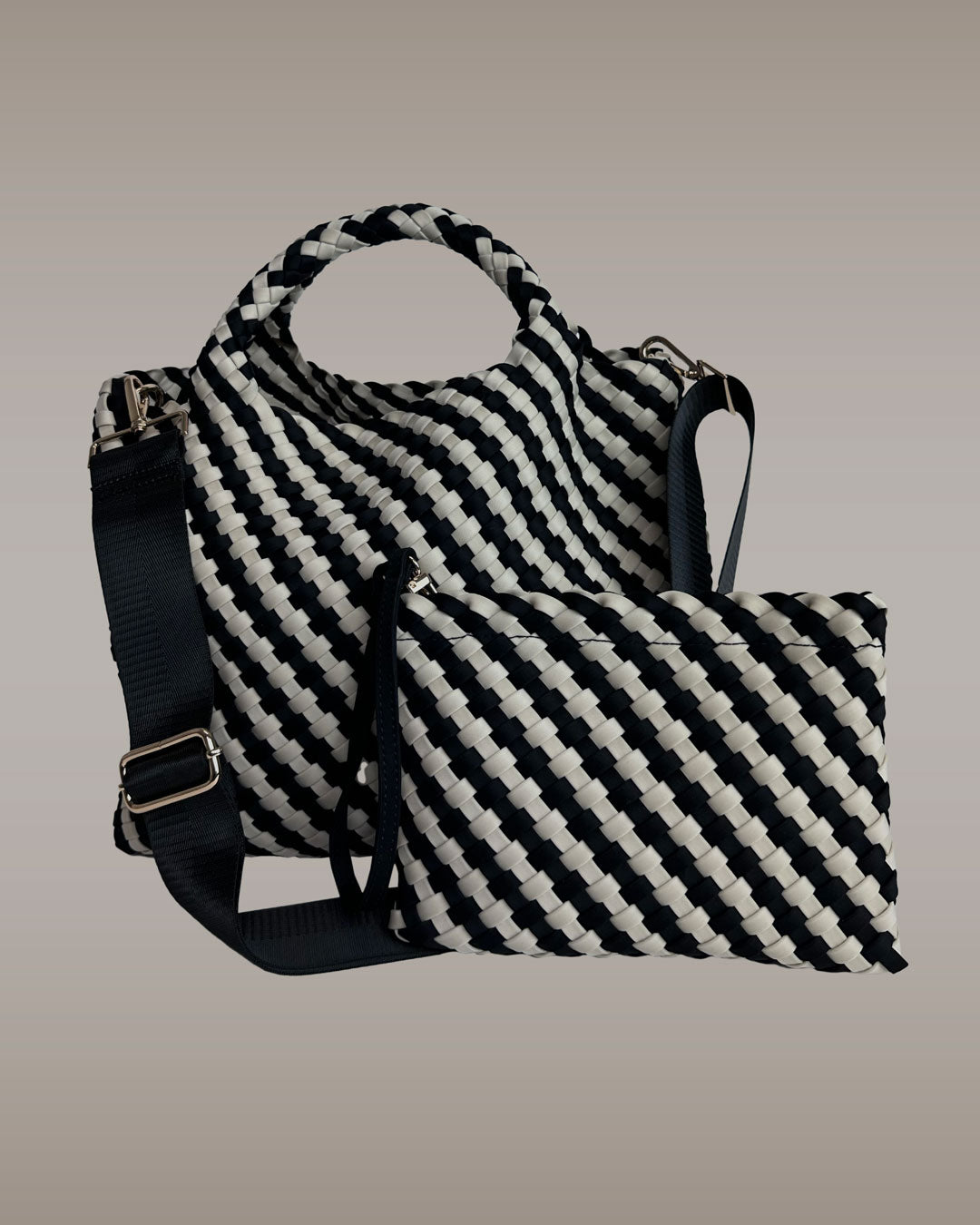 Image of the Lily Woven Neoprene Tote in Black-Ecru Stripe