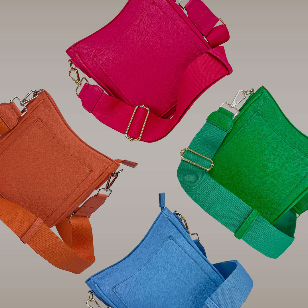 Image of the Madelyn Vegan Pebble Leather Messenger bags in Pink, Orange, Sky Blue,  and Kelly