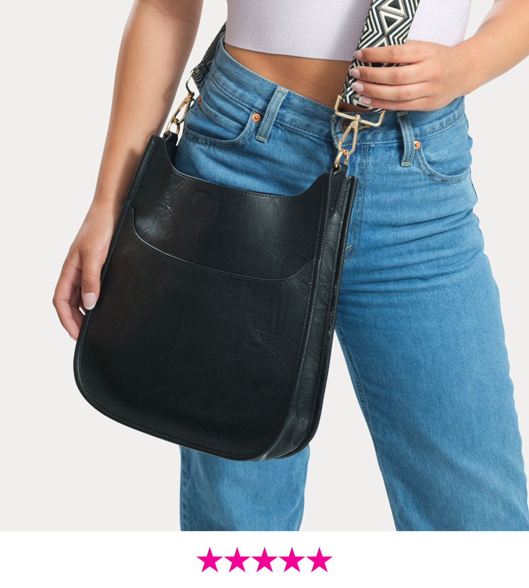 Image of a Woman wearing the Classic Vegan Leather Messenger Bag in Black