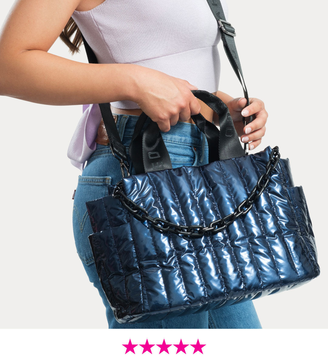 Image of a Woman wearing the Rosie Quilted Nylon Tote in Navy