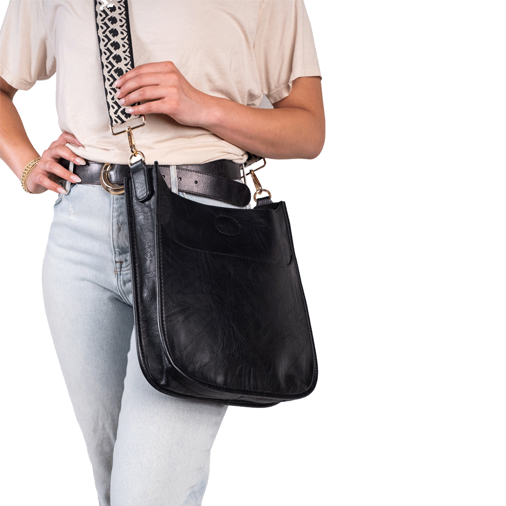 Ahdorned Black Vegan Messenger Crossbody w/ Camo Guitar Strap